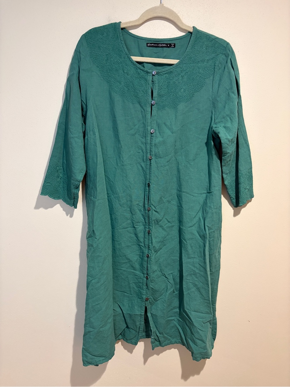 Gudrun Sjoden Teal Embroidered Button Down Dress Cotton Linen Lagenlook Medium - Picture 3 of 15